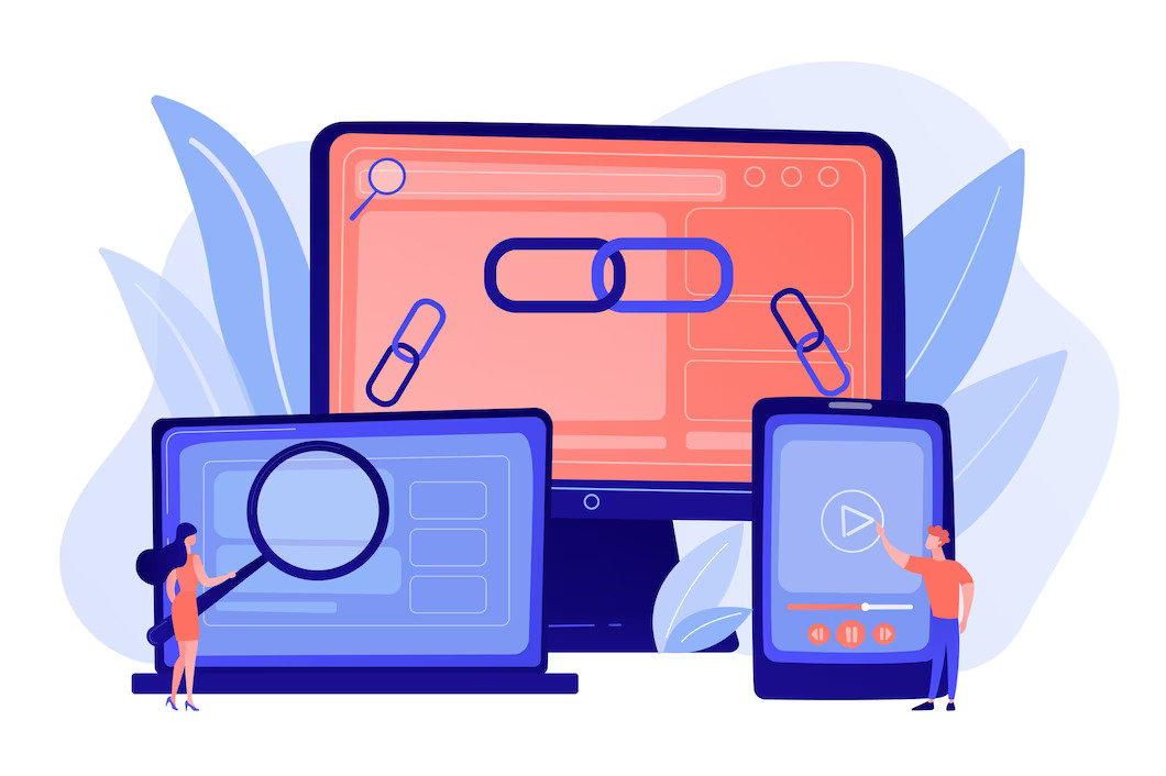 Search engines, links, and devices illustration.